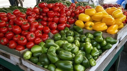 A vibrant display of fresh tomatoes and colorful bell peppers at a market, showcasing a variety of vegetables in an inviting arrangement.