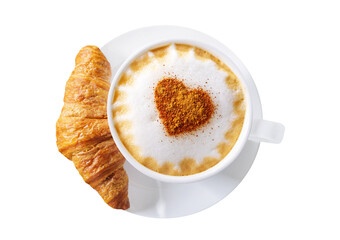 Cup of cappuccino coffee with drawn heart and fresh croissant isolated on transparent background,...