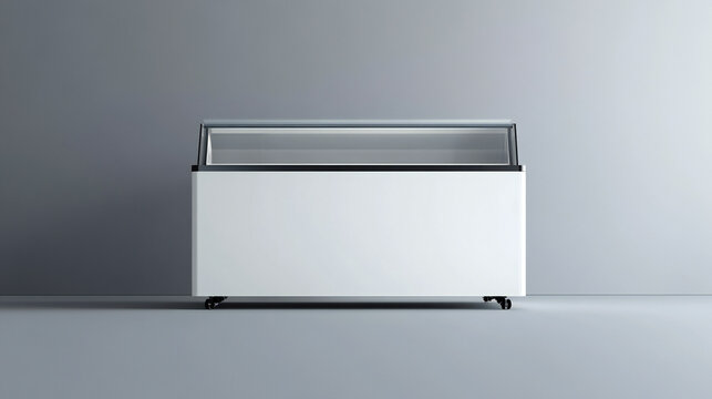 Blank deep freezer isolated for branding design. 3d illustration.White blank freezer with glass display for ice cream and other products. 3d illustration isolated on white background