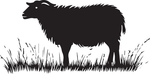 Silhouette of sheep in a meadow on white background