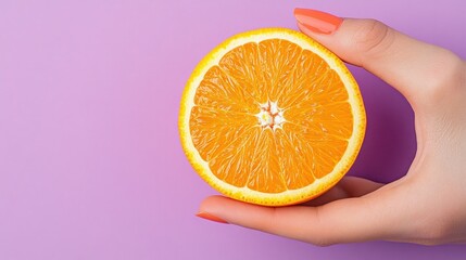 A hand holds a fresh orange half against a vibrant purple background, showcasing its juicy texture and bright color.