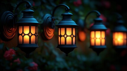 Warmly lit lanterns against a floral backdrop at dusk.