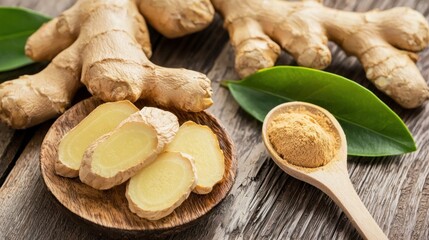 Fresh ginger roots and slices displayed on a wooden surface, alongside powdered ginger in a spoon, highlighting its culinary and medicinal uses.