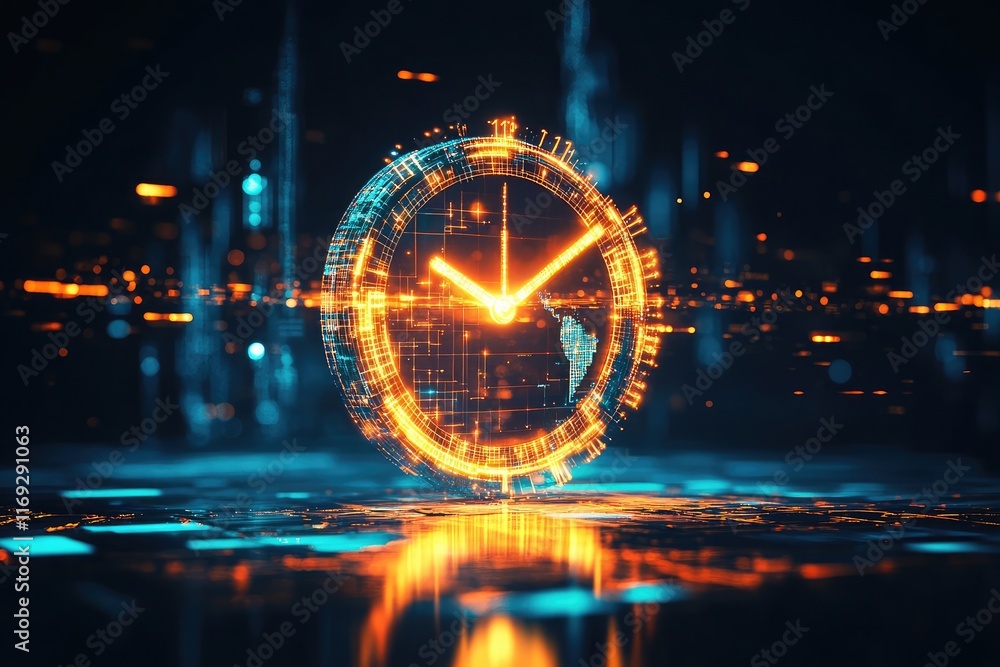 Poster 24-hour global service accessibility concept represented by a glowing virtual clock icon emphasizing