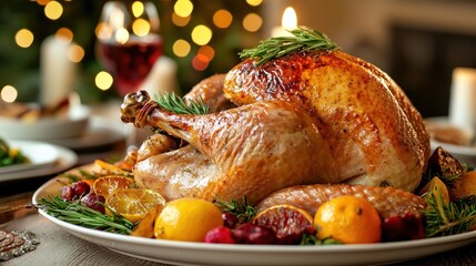 A beautifully roasted turkey garnished with herbs, surrounded by fruits, on a festive table, illuminated by soft candlelight and Christmas decorations.