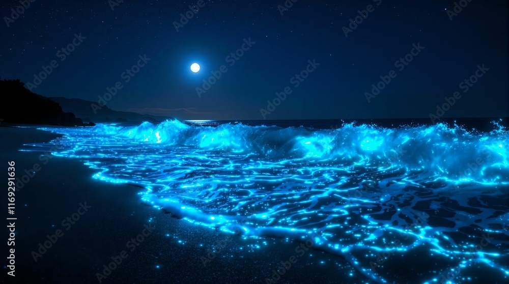 Poster dark, starry night with a full moon above a beach. the waves crashing against the shore are illumina