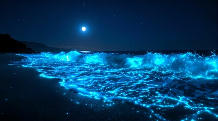 Fototapeta premium dark, starry night with a full moon above a beach. The waves crashing against the shore are illuminated by a blue, glowing light, creating a surreal and ethereal atmosphere.