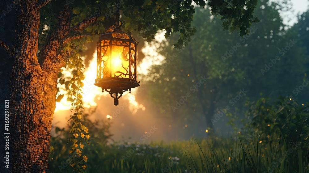 Poster a burning lantern hanging from a tree, creating a warm glow in the forest