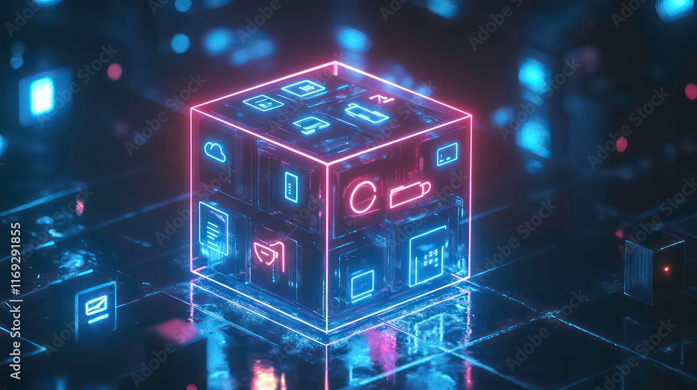 Poster smart home technology concept. digital home shape, neon style with iot application management, autom