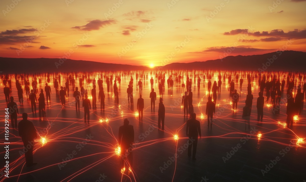 Poster silhouetted figures connected by glowing lines at sunset, symbolizing unity and interconnectedness i