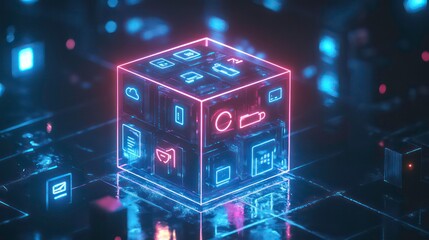 Smart home technology concept. Digital home shape, neon style with iot application management, automation assistant control icons on white cube block stack on blue network background, vertical style.