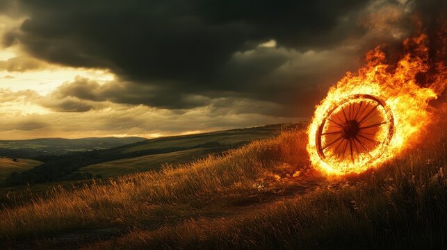 A burning wheel rolling down a hill in a dramatic countryside setting