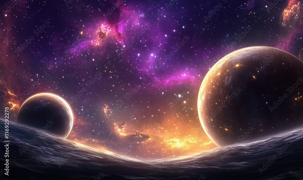 Poster cosmic landscape with two planets and vibrant nebulae in space, surreal celestial scene with stars a