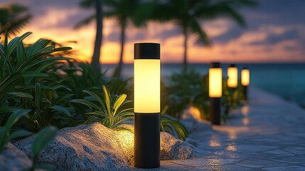 Serene pathway illuminated by lamps at sunset.