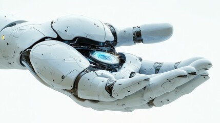 A futuristic white robotic hand opens its palm revealing a glowing blue core. Ideal for showcasing advanced technology or futuristic concepts.