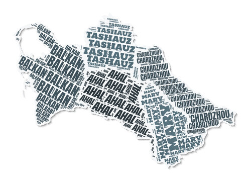 Turkmenistan shape text cloud. Country border with shadow on white background. Turkmenistan with regions division in vintage gazette style. Elegant vector illustration.