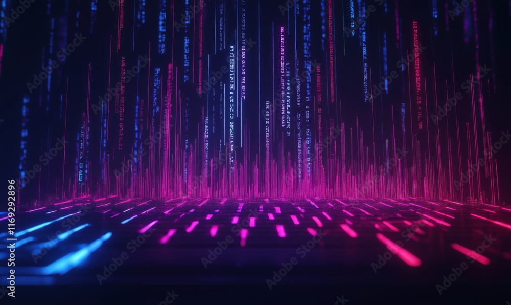 Poster digital data visualization with vibrant neon lines representing information flow in a futuristic env