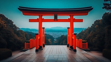 Majestic Red Torii Gate Overlooking Cityscape And Mountains