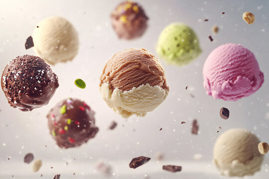 Flying ice cream balls on bright background.Collection of various delicious ice cream
 - Powered by Adobe