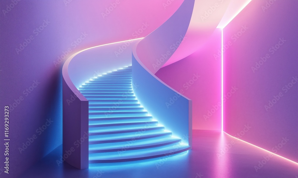 Poster curved staircase illuminated with vibrant neon lights in a modern abstract space, featuring soft gra