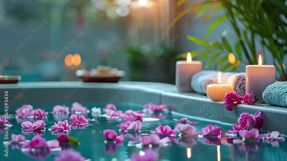 Poster a tranquil home spa scene features floating flower petals and soft candlelight, creating a soothing 