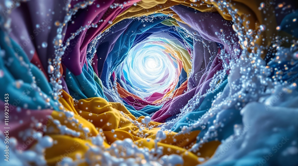 Poster surreal, abstract scene with swirling colors and a tunnel-like structure, creating an illusion of depth and movement. The vibrant colors and dynamic patterns give the image a dreamlike quality.
