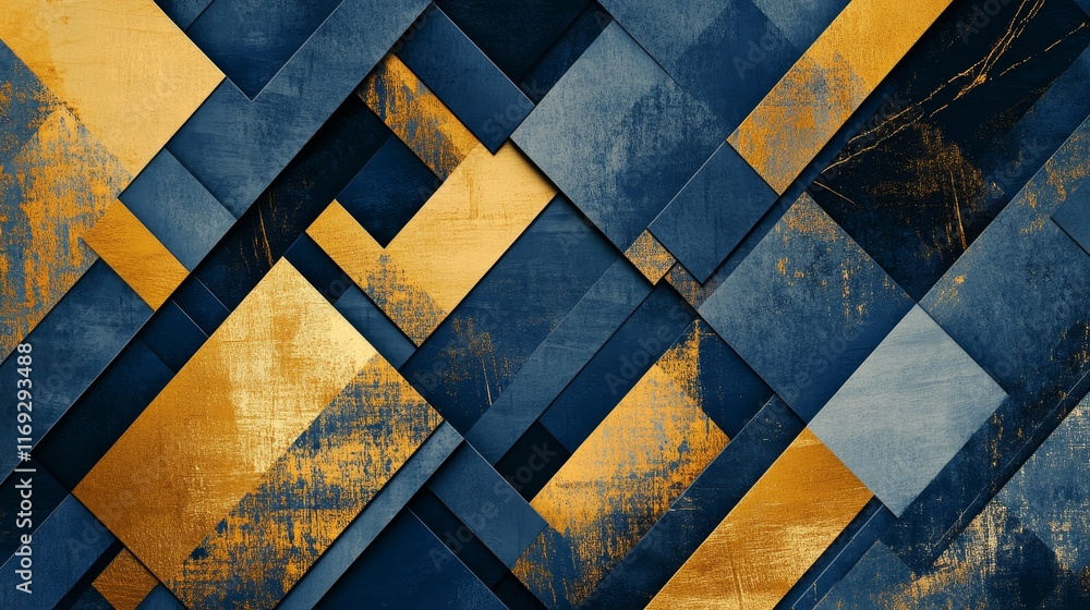 Aufkleber abstract geometric design featuring blue and gold textures arranged in layered patterns.