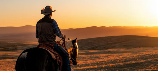 Lonely cowboy on horseback towards distant hills at sunset. The land is covered with golden fields. The sky is painted a shade of warm oranges and yellows.