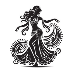 Belly Dance Silhouette Vector Illustration, Solid White Background.