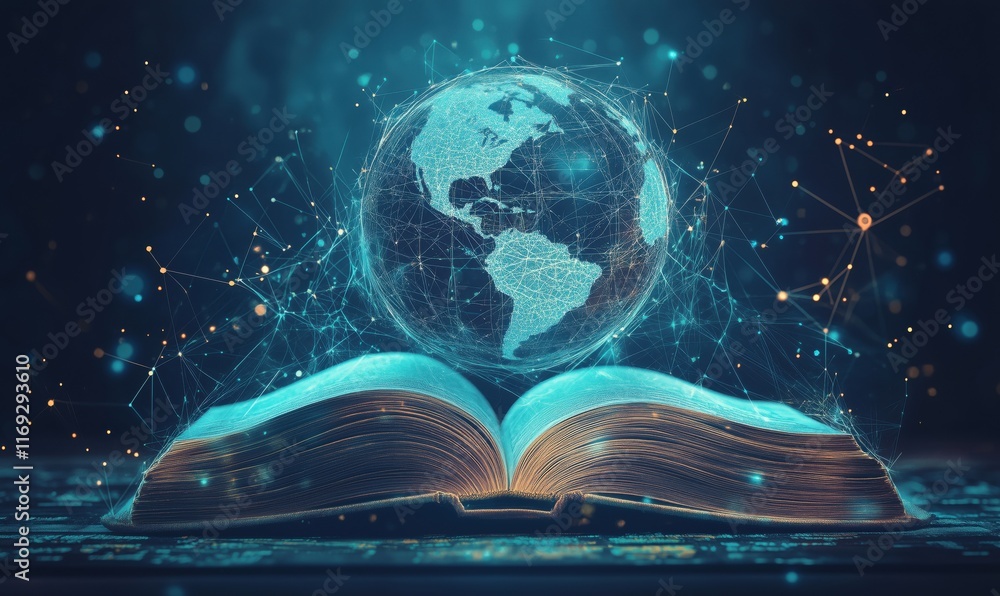 Poster open book with glowing globe representing knowledge and connectivity, digital network connections, b
