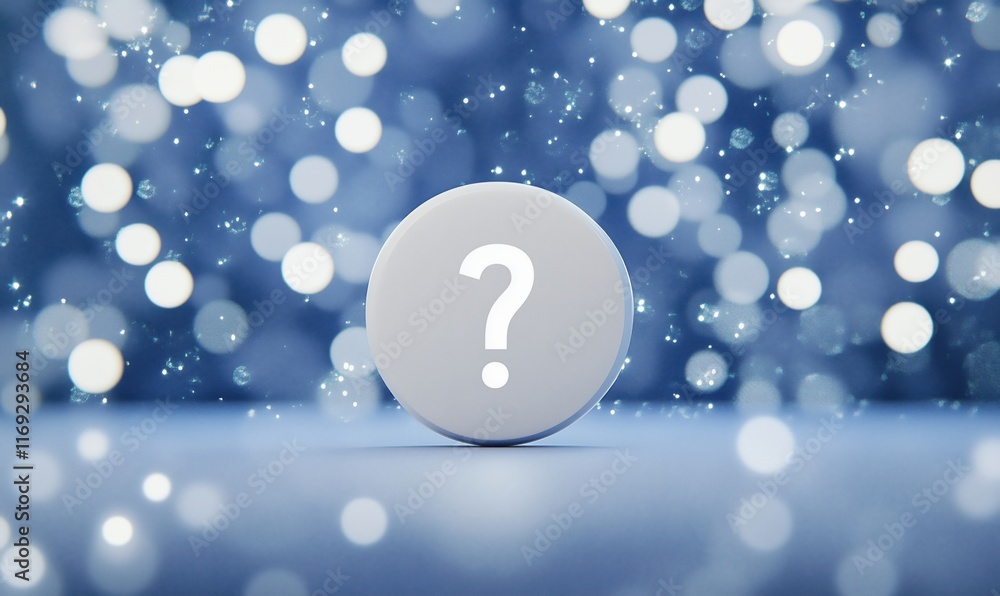 Poster mystery question mark symbol on soft blue background with bokeh lights, evoking curiosity and intrig