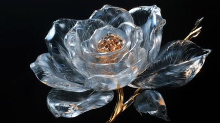 a crafted rose made of clear material, resembling glass or ice. showcasing delicate petals that spiral inward, capturing the essence of a real flower. The stem and leaves are also transparent