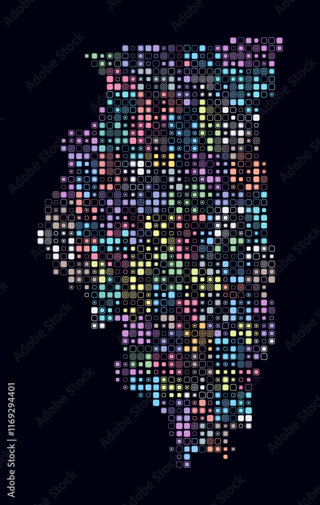 Poster illinois, shape of the state build of colored cells. digital style map of the illinois on dark backg
