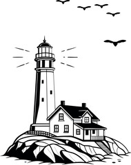 Lighthouse with House on Rocky Shoreline Silhouettes vector art illustration