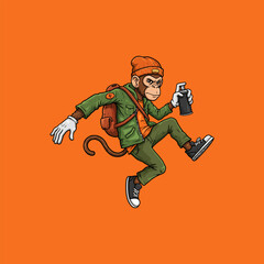 A cartoon monkey, dressed in stylish streetwear, dynamically leaps while holding a spray can, suggesting a graffiti artist.