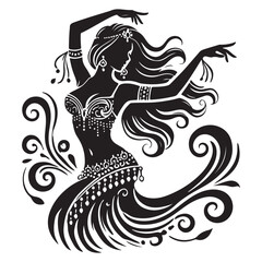Belly Dance Silhouette Vector Illustration, Solid White Background.