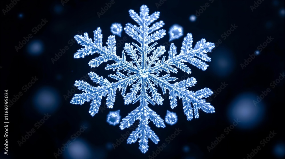 Poster close-up photograph of a single snowflake with intricate, detailed branches and a shiny, frost-covered appearance, set against a blurred dark background with a few small, bright snowflakes scattered a