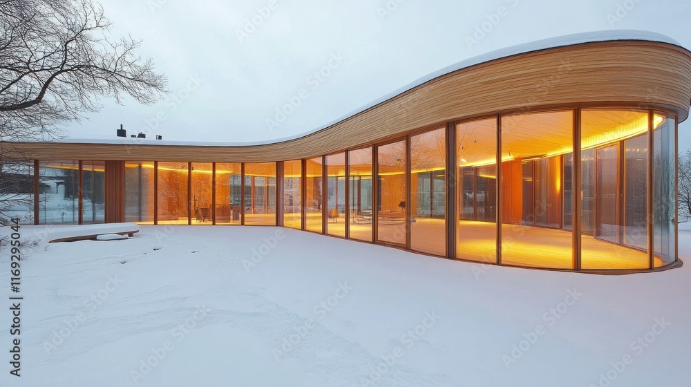 Poster modern curved architecture in a snowy landscape.