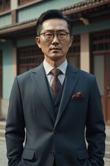 Fototapeta premium arafed asian man in a suit and tie standing in front of a building