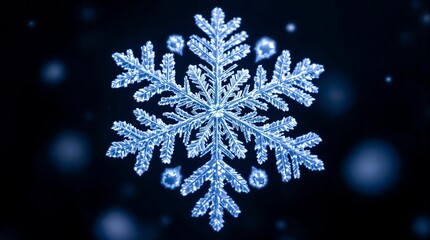 close-up photograph of a single snowflake with intricate, detailed branches and a shiny, frost-covered appearance, set against a blurred dark background with a few small, bright snowflakes scattered a
