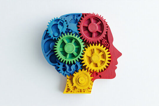 Human brain strategy and planning represented by red and blue gears in the shape of a head representing the symbol of mental health and neurological functioning.3d gears in human head. Thinking proces