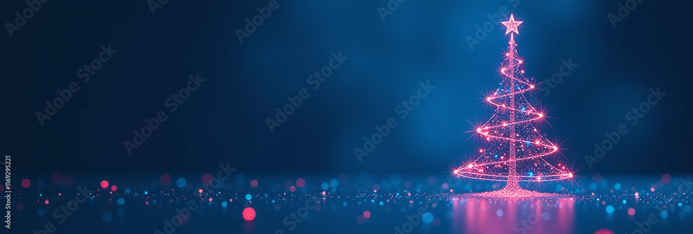 Poster blue background features glowing digital christmas tree representing tech side holidays computer ent