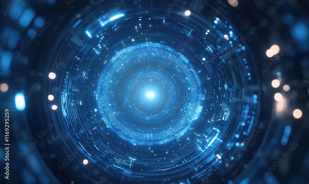 Poster futuristic digital vortex with glowing blue lights and circular patterns, representing advanced tech