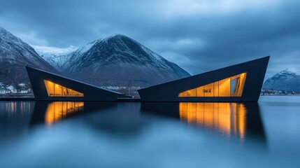 Modern architectural structure by a serene lake at dusk.