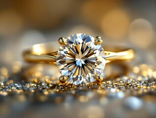 Fototapeta premium close-up of a shiny diamond ring with a solitaire setting, placed on a bed of sparkling, gold-colored jewelry dust. The background is blurred, emphasizing the ring and creating a bokeh effect.
