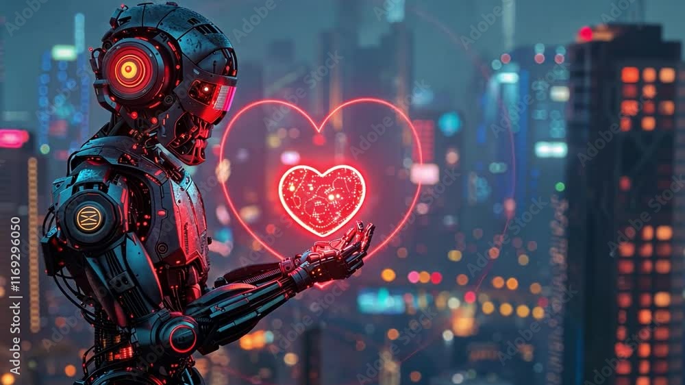 Poster A sleek robot is depicted holding a bright, pulsating heart symbol against a backdrop of an illuminated, futuristic city. The vibrant colors and advanced technology create a romantic atmosphere.