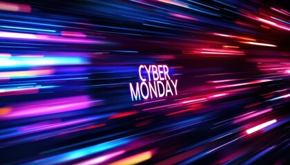 A vibrant graphic showcasing "Cyber Monday" with dynamic light streaks, symbolizing fast-paced online shopping.