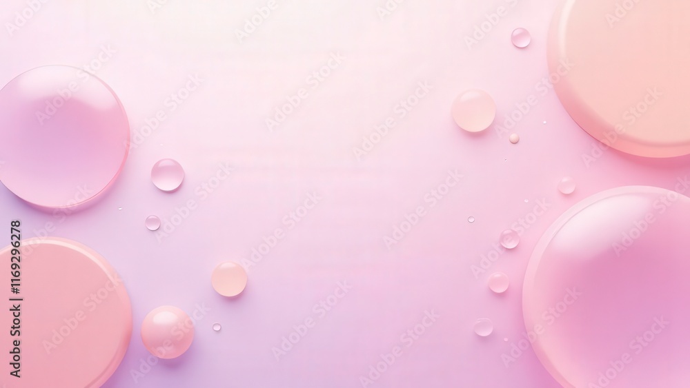 Poster abstract composition featuring pink and pastel gradient background with floating circles and droplet