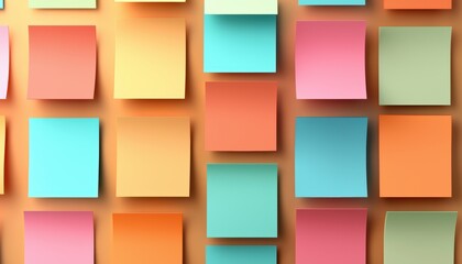 A vibrant arrangement of colorful sticky notes in various shades, creating an eye-catching and organized display on a flat surface.