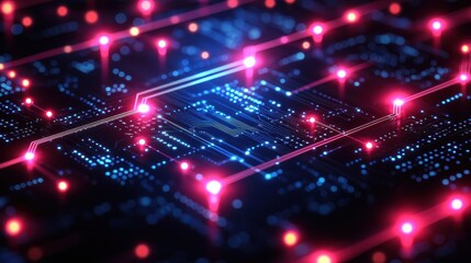 Fototapeta premium A detailed macro view of a cutting-edge microchip, with glowing pathways and pulsating energy coursing through its circuits. The background is filled with abstract, luminous lines symbolizing 